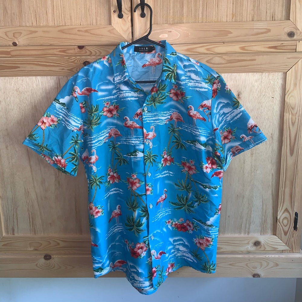 SSLR blue/pink flamingo hibiscus beachy island tropical Hawaiian shirt size L